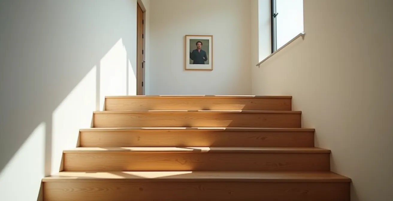 Vue plongeante d'un escalier intérieur en bois avec ombres marquées